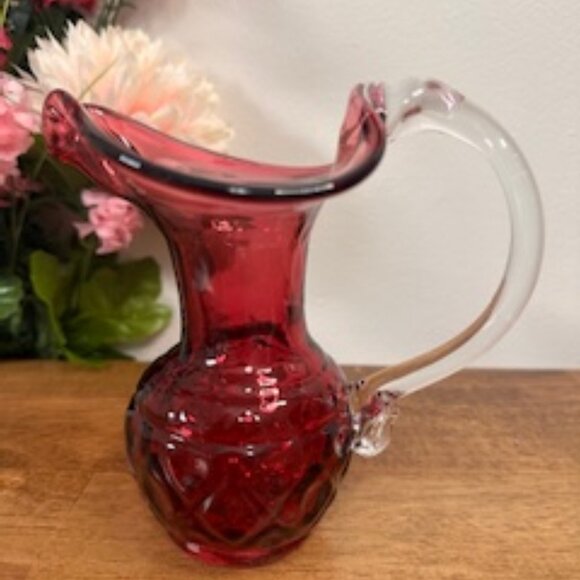 Vintage Cranberry Diamond Pattern Glass Pitcher‎ – Sculptural Handle Mid-Century - Picture 1 of 6
